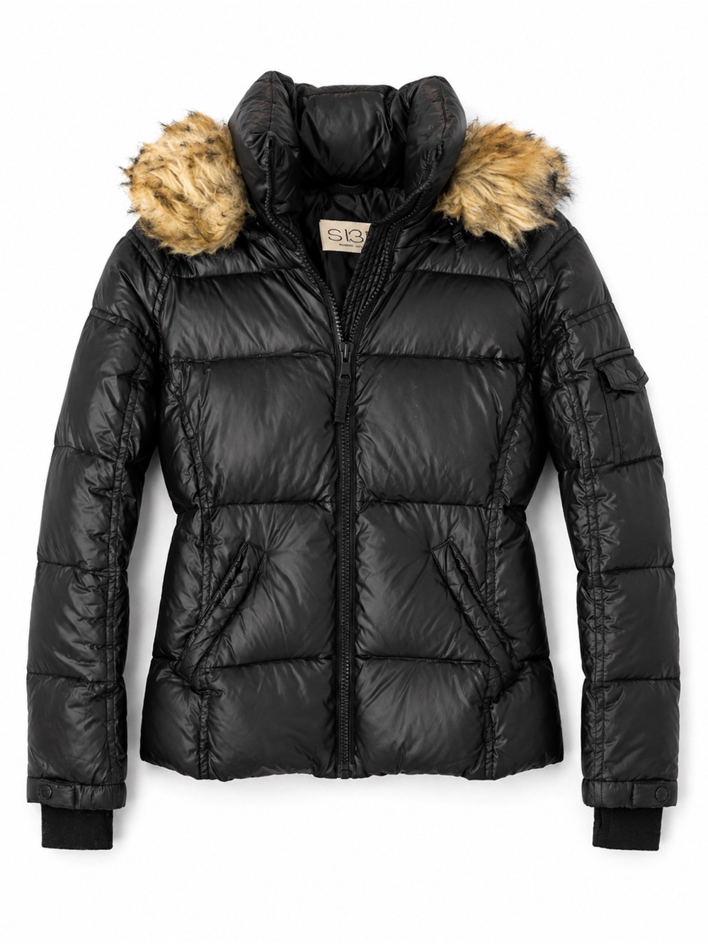 S13 New York Black Down Puffer Jacket Faux Fur Hood Small Winter Coat - closet - Picture 3 of 7